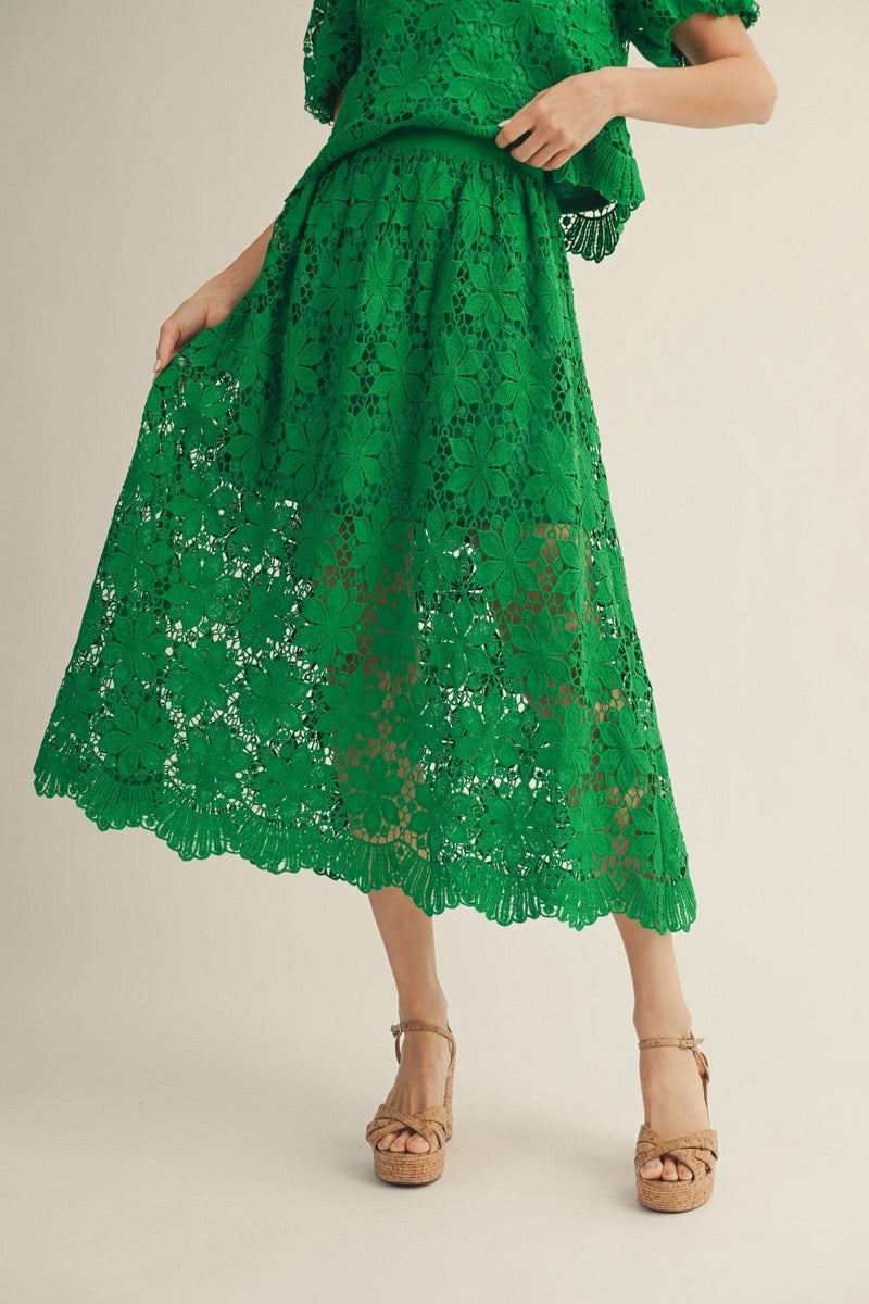 Elastic Waist Scallop Lace Midi Skirt