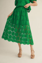Elastic Waist Scallop Lace Midi Skirt