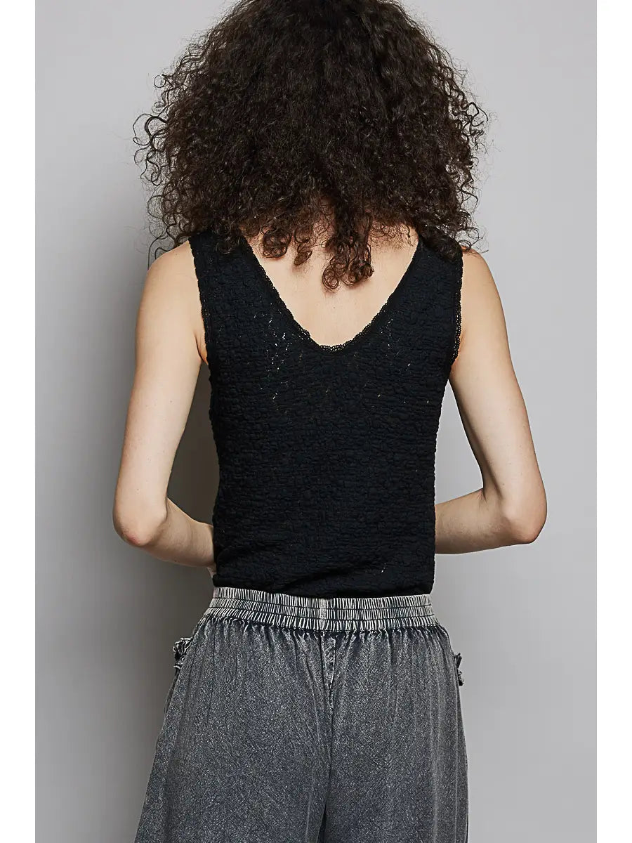 V Neck Sleeveless Lace Trim Neckline Knit Top