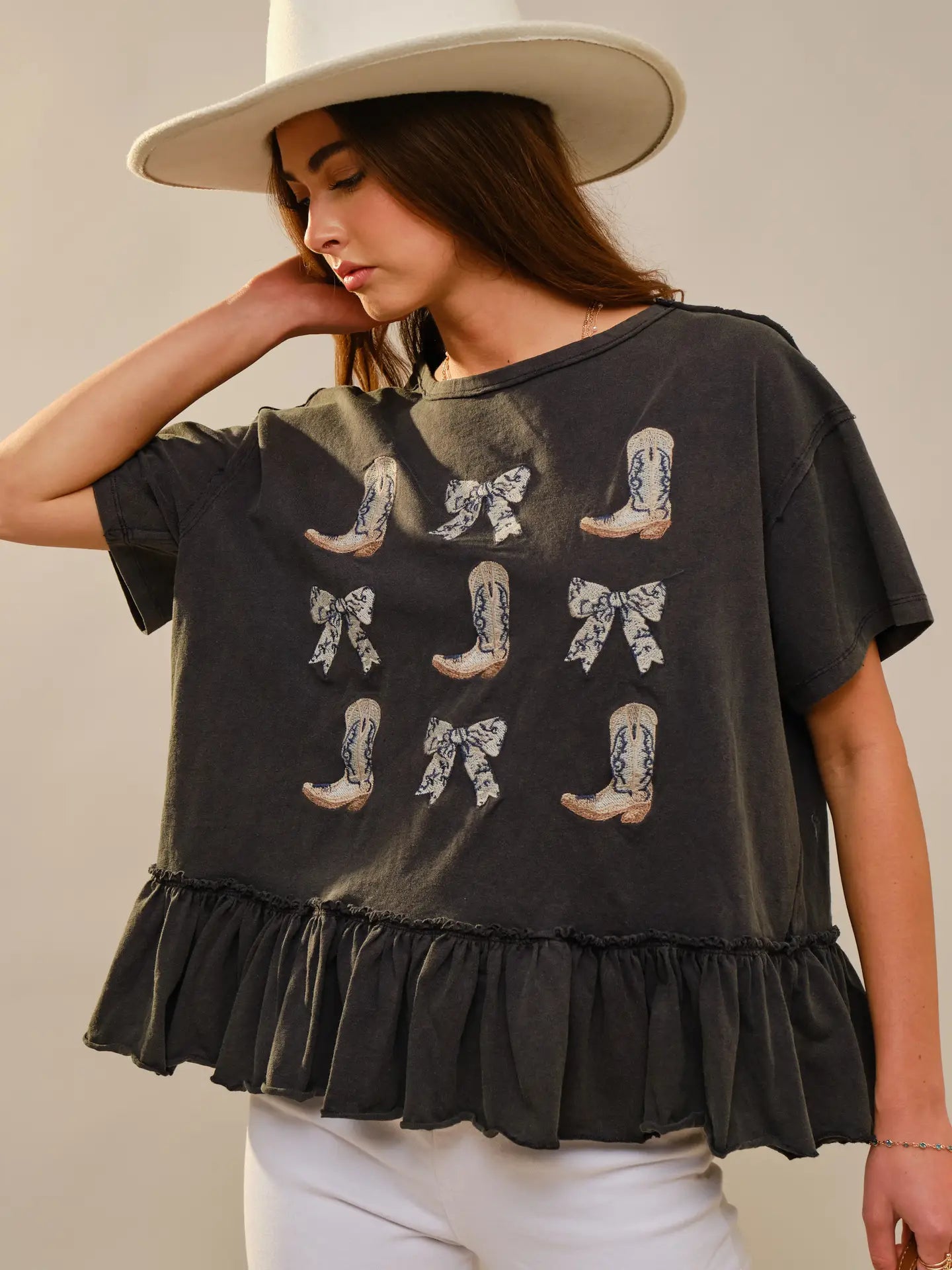 Round Neck Western Graphic Peplum Top
