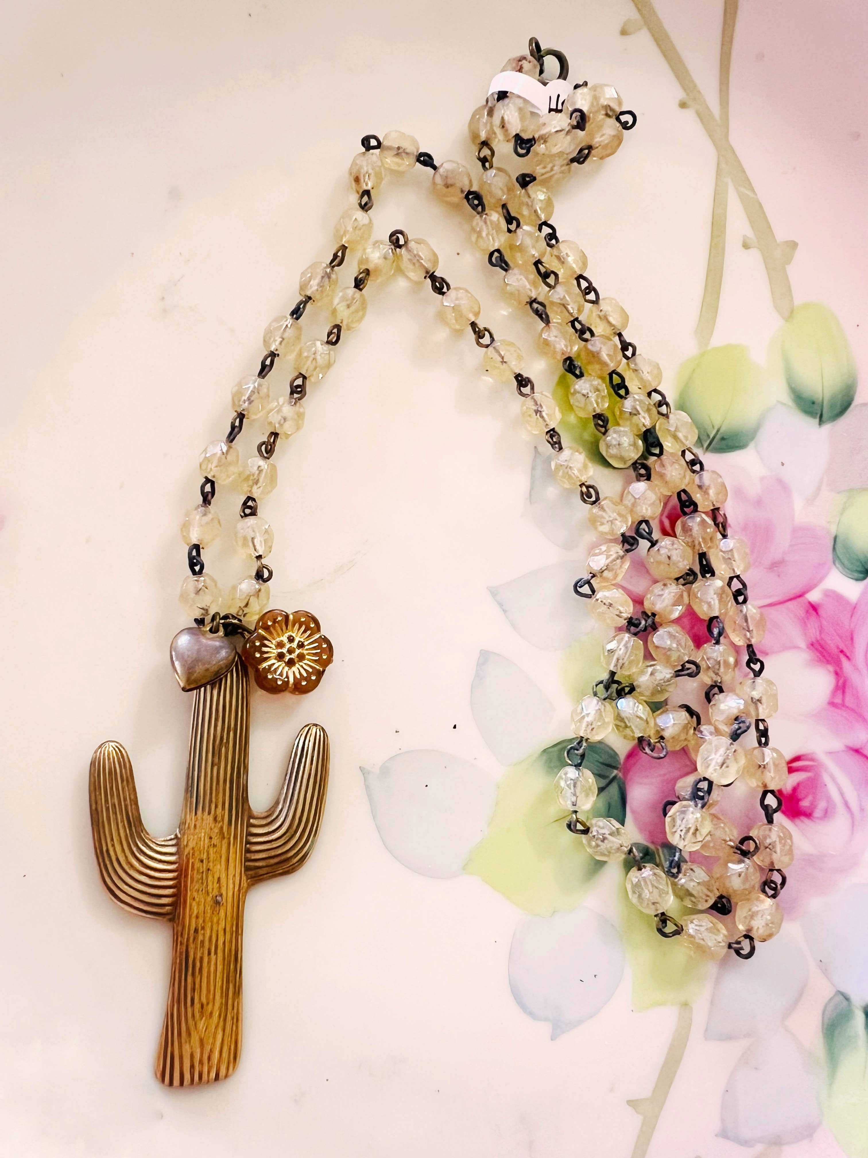 Brass Patina Desert Cactus Western Beaded Chain Necklace