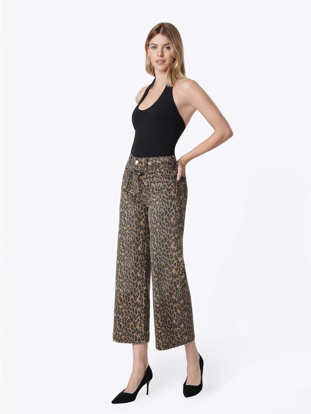 High Rise Leopard Print Waist Tie Crop Wide Jeans