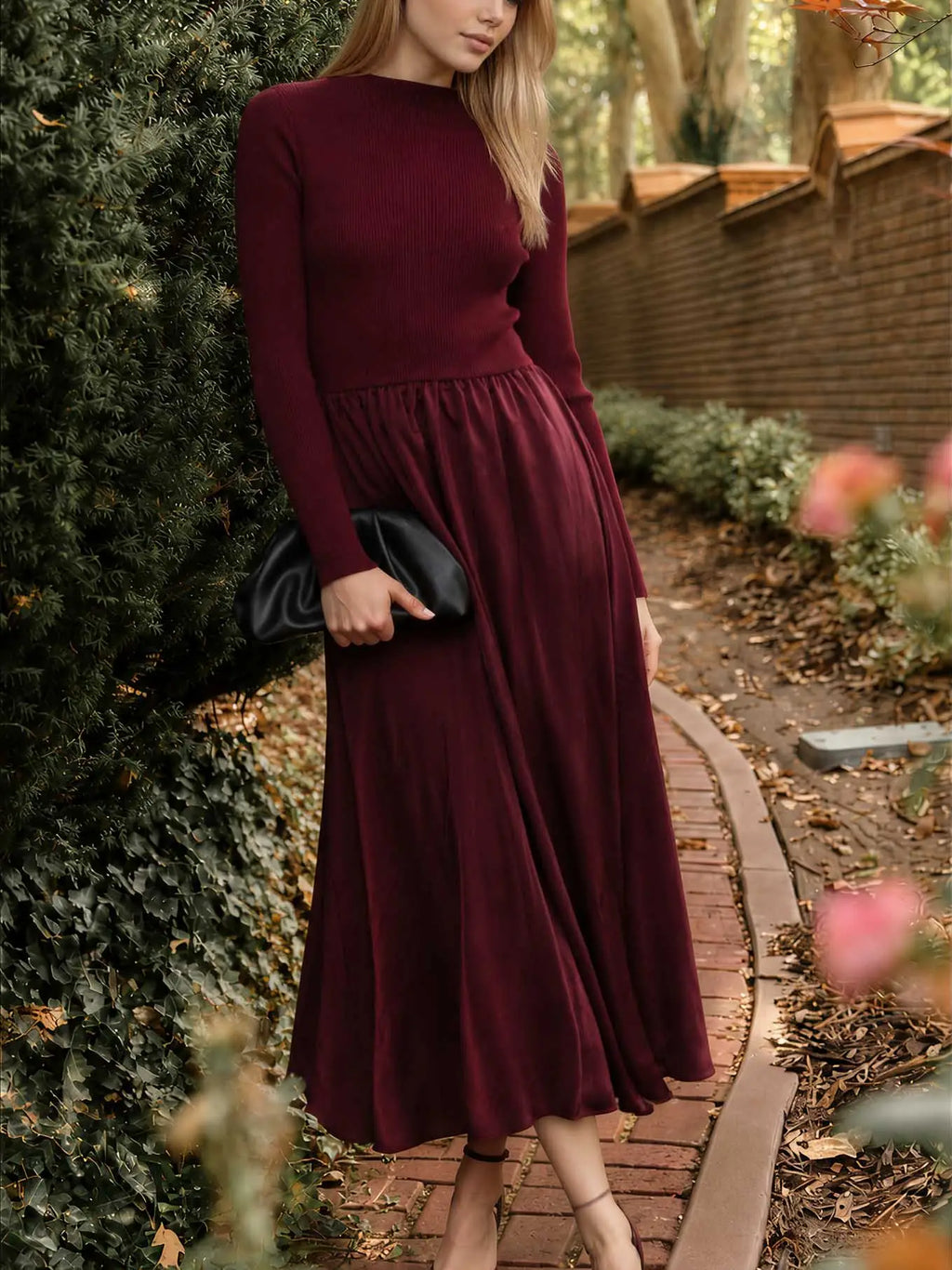 Ribbed Mock Neck Satin Twofer Midi Dress