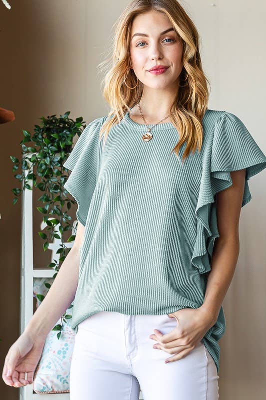 SHORT RUFFLED SLEEVE SOLID URBAN RIBBED TOP