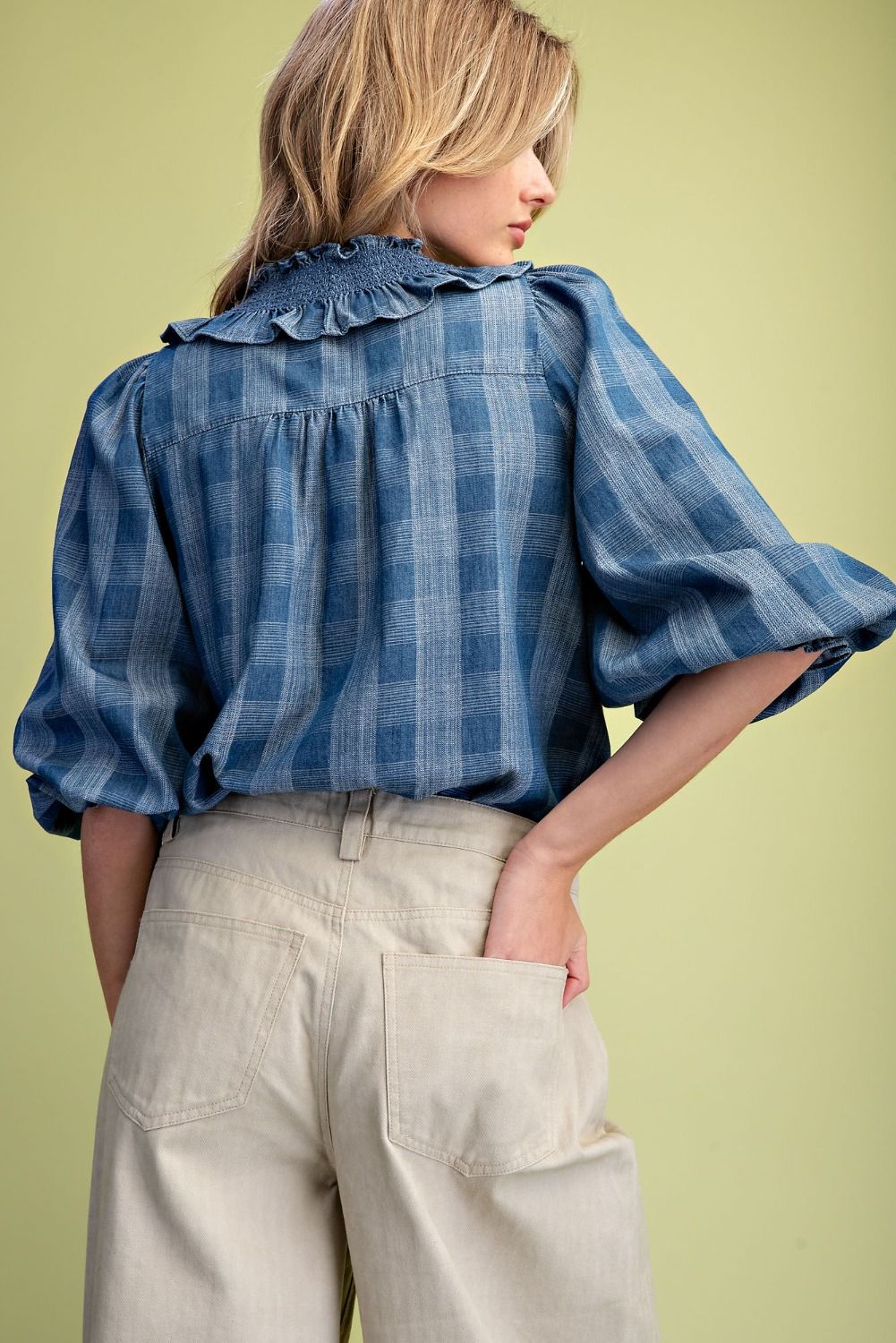 Plaid Pattern Washed Ruffle Denim Blouse