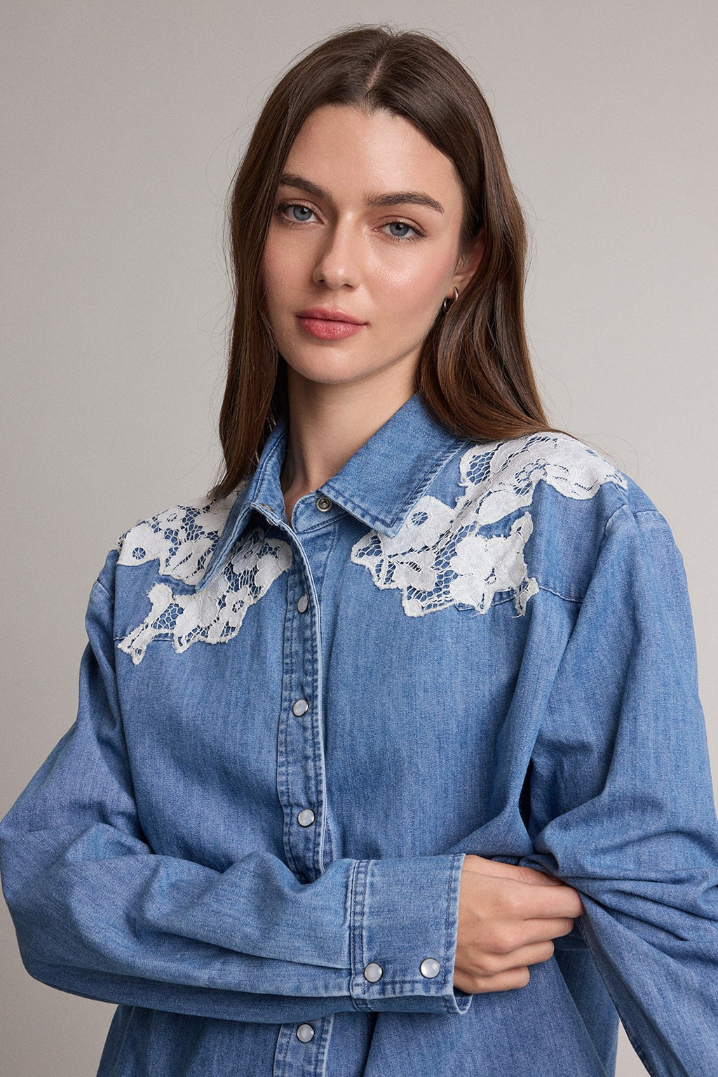 Romantic Lace Detail Denim Shirt