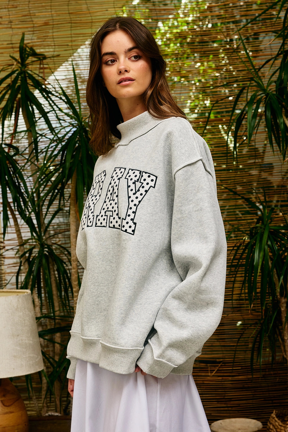 Embroidered "Pray" Mock Neck Sweatshirt