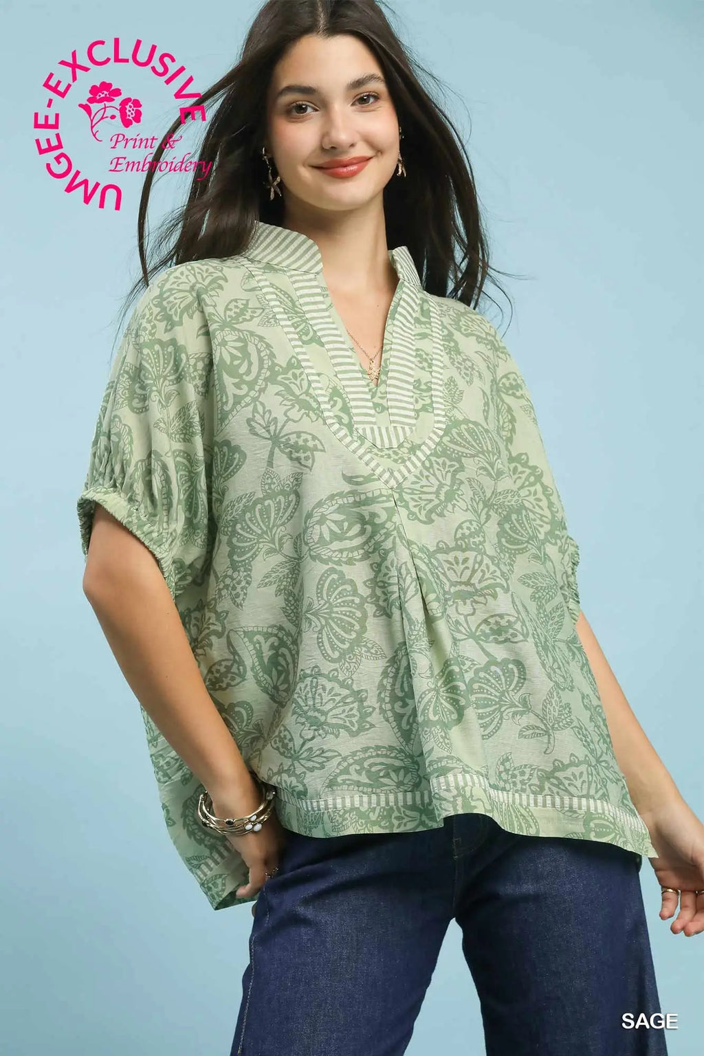 Botanical Print Mixed Trim Tunic Top