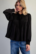 Pin Tuck Tie Neck Smocked Cuff Blouse