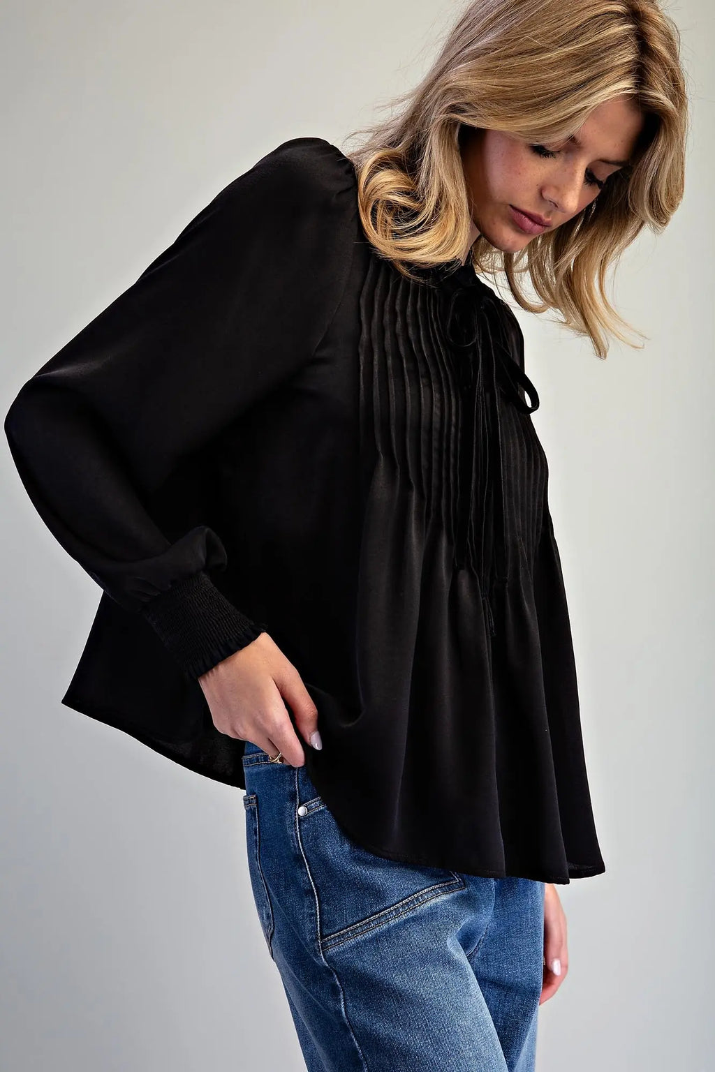 Pin Tuck Tie Neck Smocked Cuff Blouse