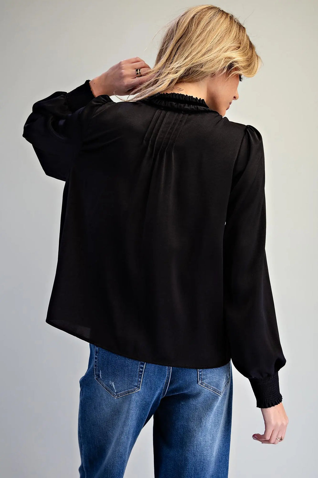 Pin Tuck Tie Neck Smocked Cuff Blouse