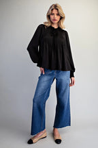 Pin Tuck Tie Neck Smocked Cuff Blouse
