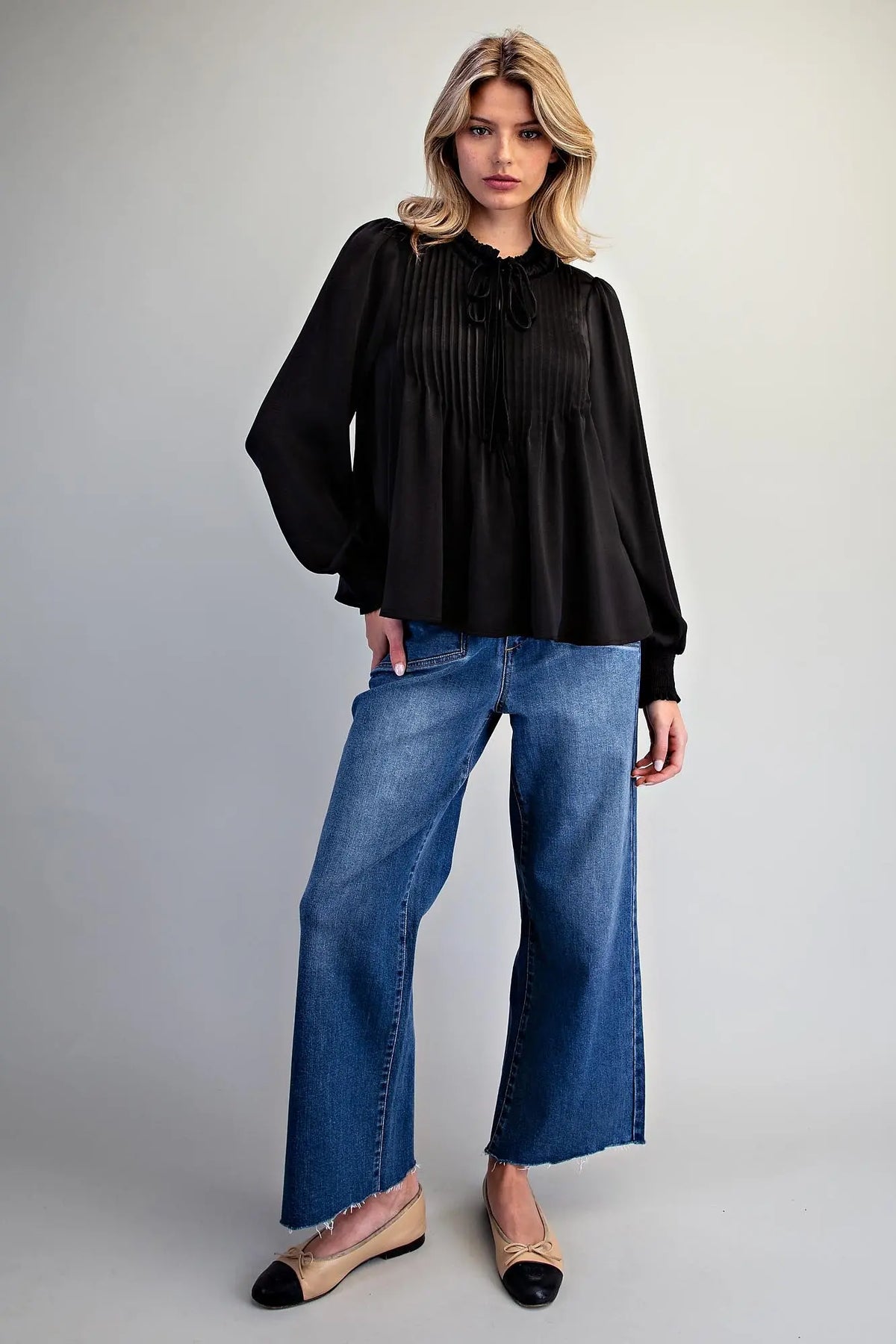 Pin Tuck Tie Neck Smocked Cuff Blouse