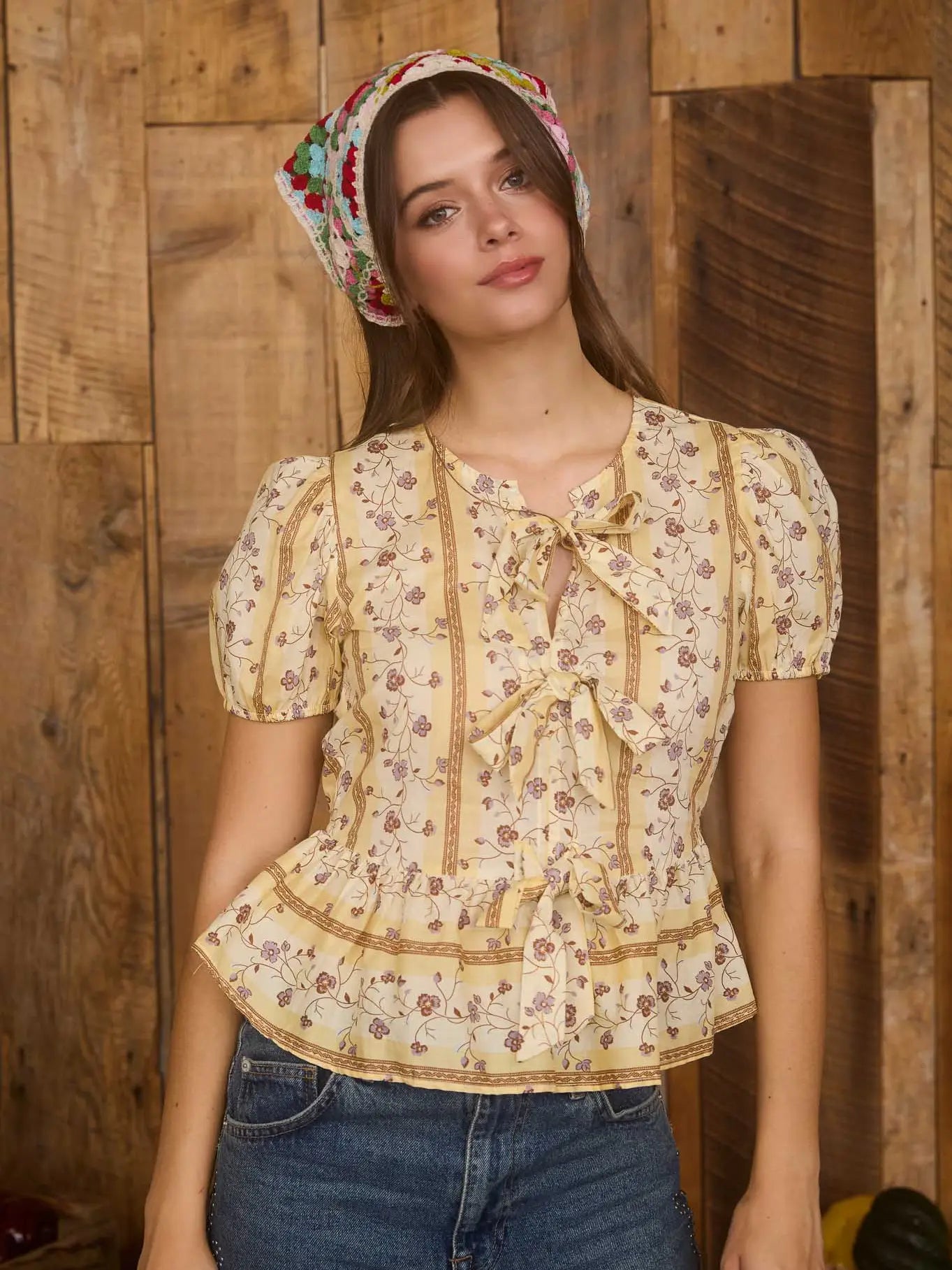 Floral Stipe Front Tie Blouse
