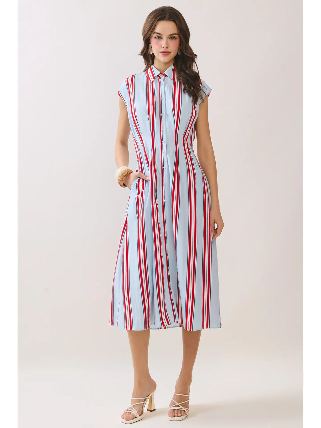 Fitted Bodice Striped Button Down Midi