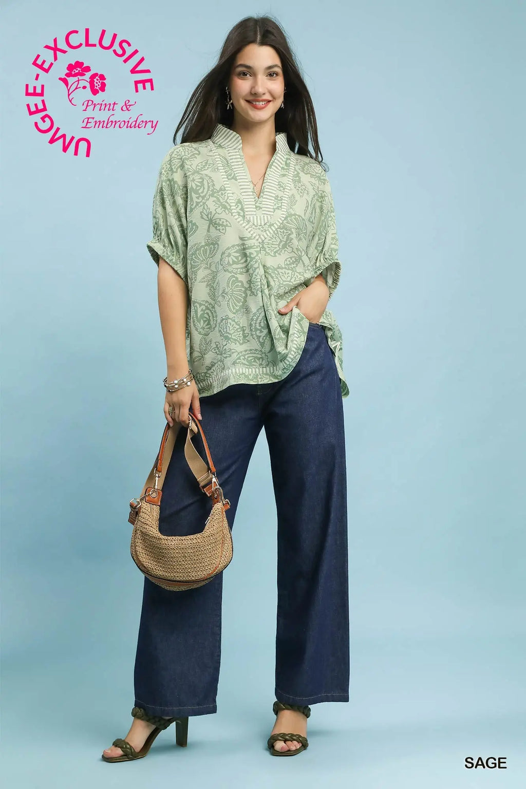 Botanical Print Mixed Trim Tunic Top