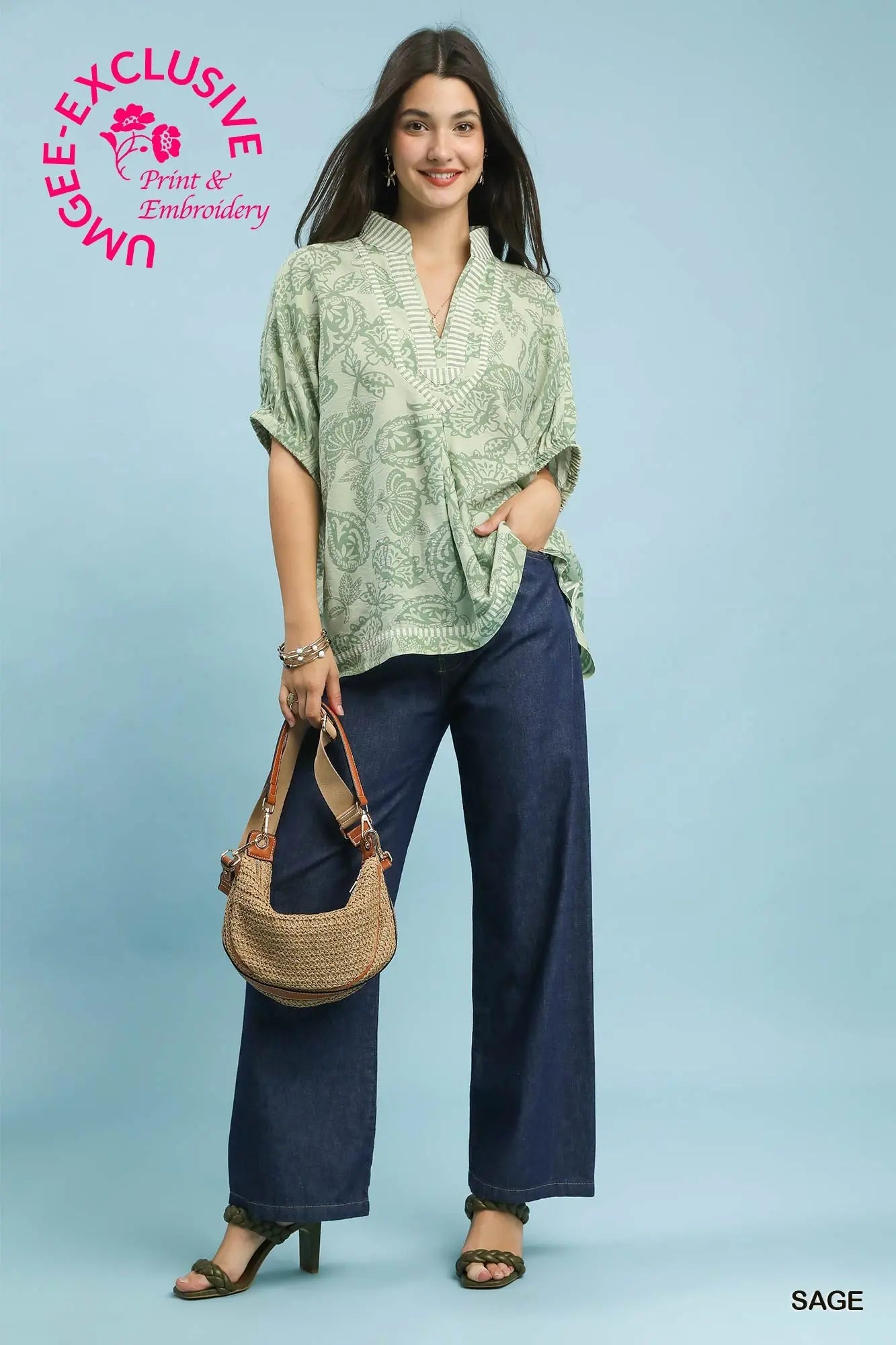 Botanical Print Mixed Trim Tunic Top