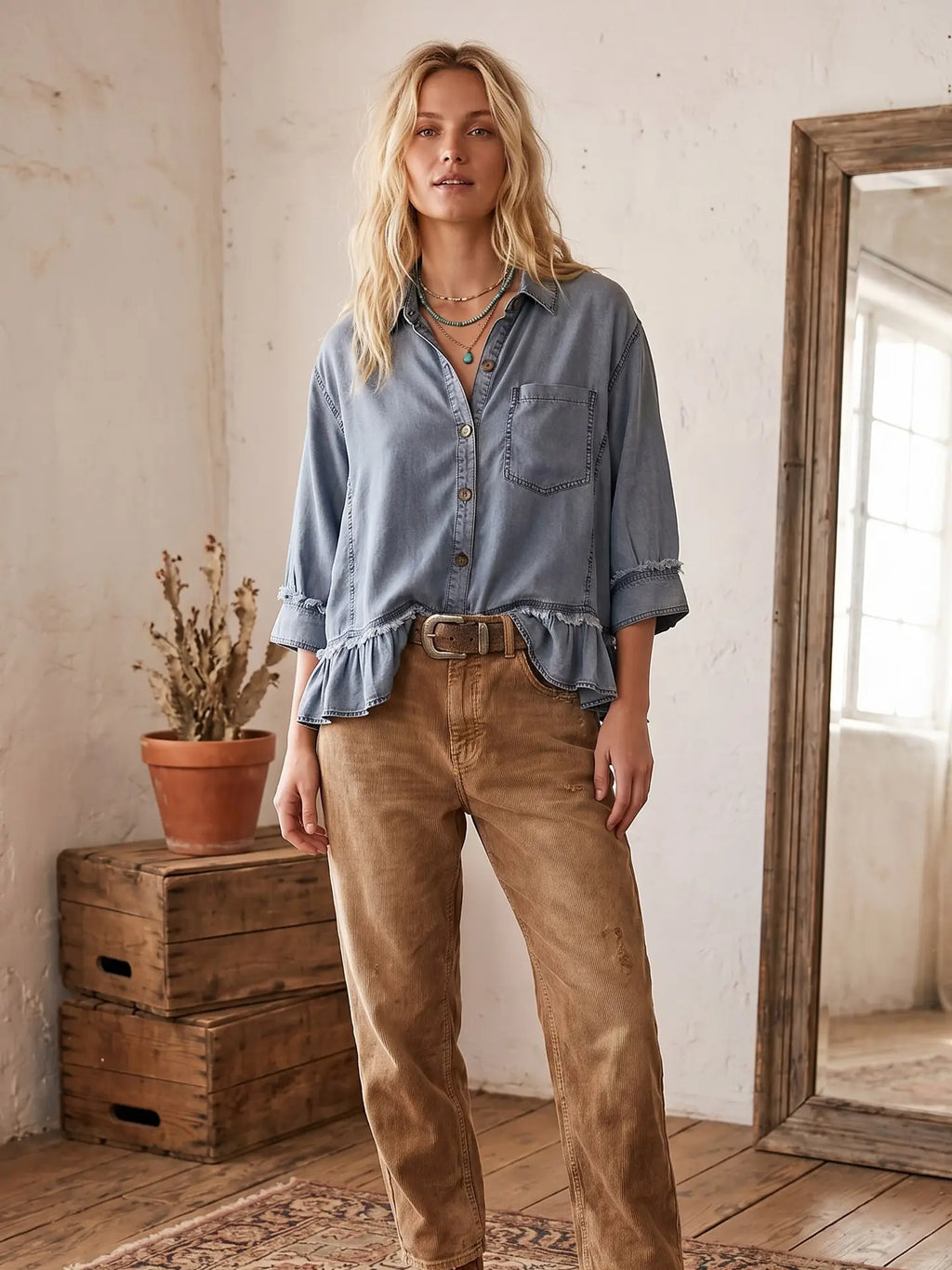 Mineral Washed Tencel Ruffle Hem Shirt
