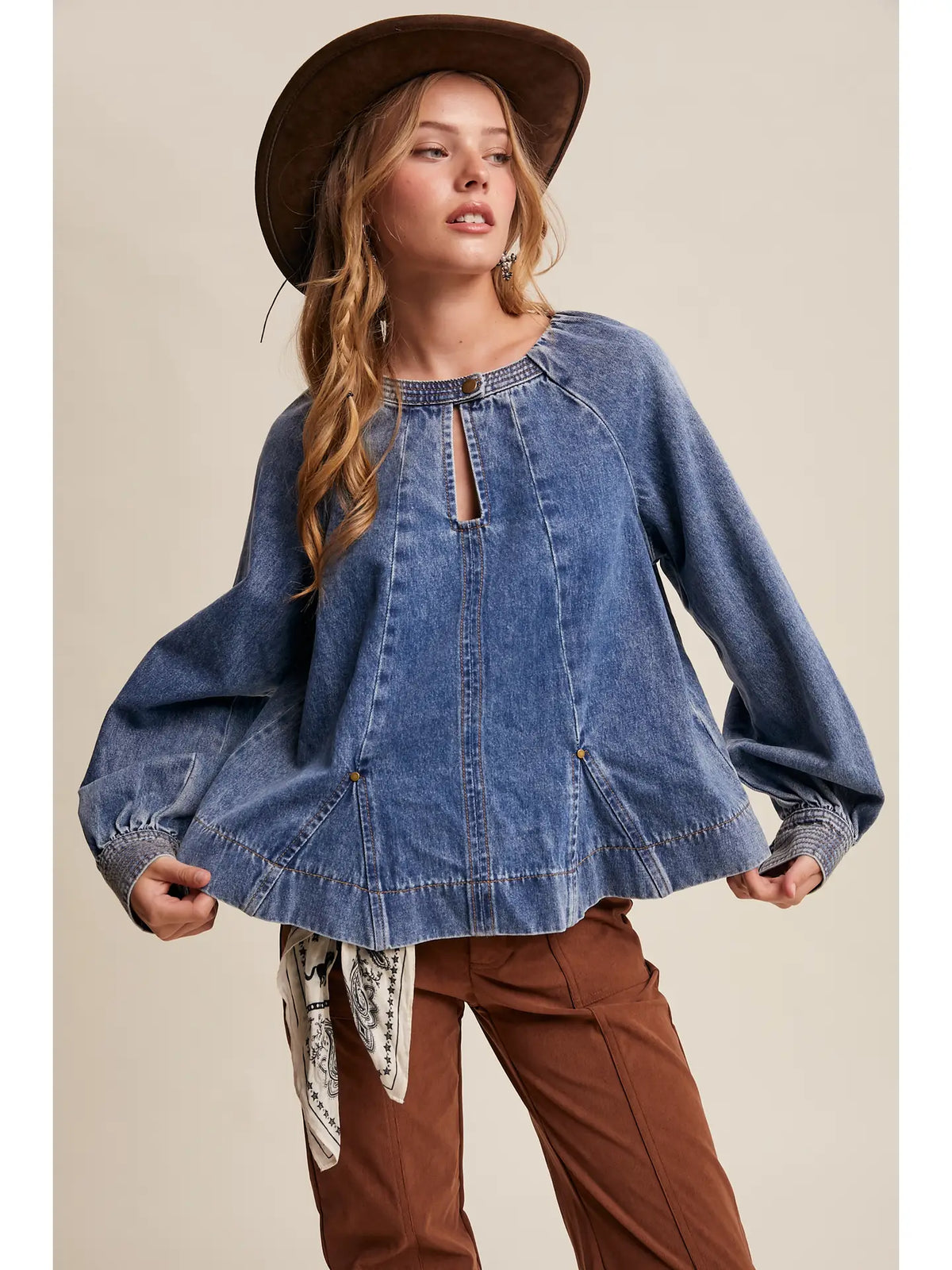 Western Denim Keyhole Blouse