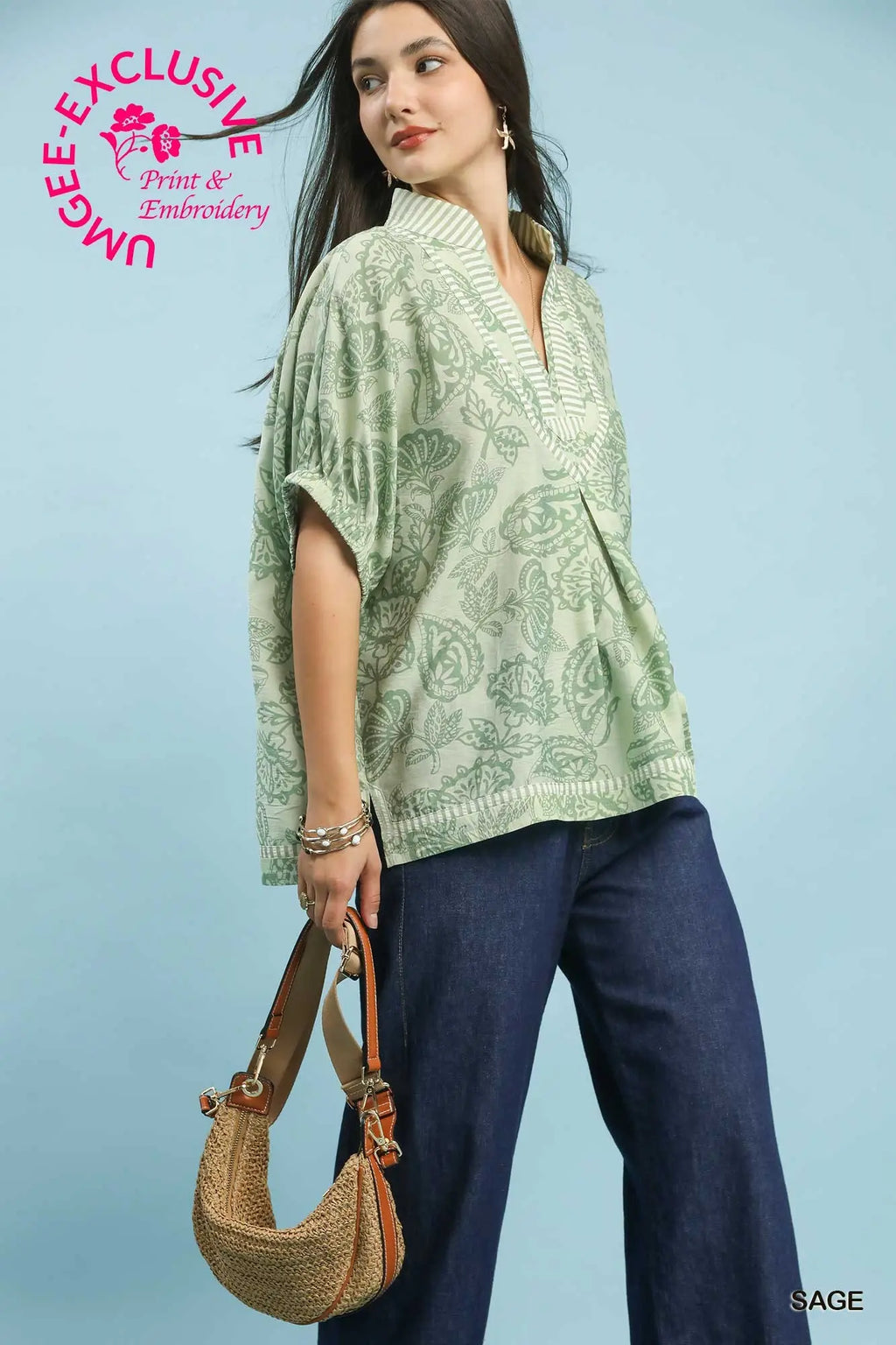 Botanical Print Mixed Trim Tunic Top