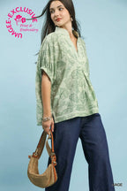 Botanical Print Mixed Trim Tunic Top