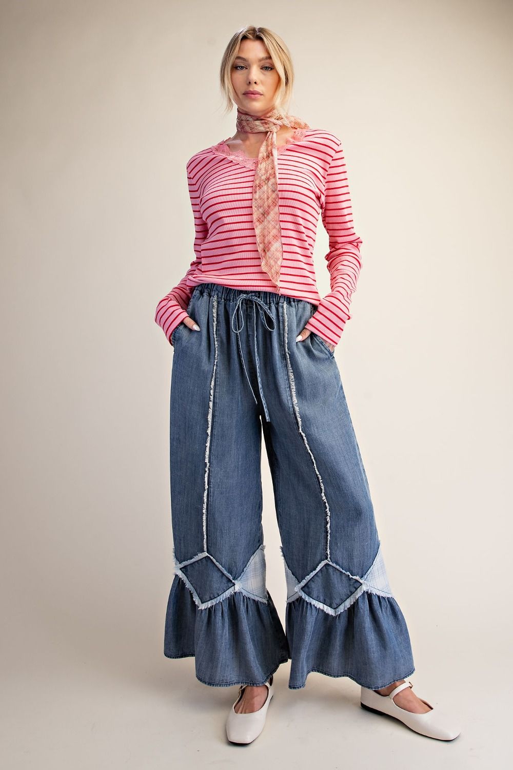 Ruffle Bottom Washed Chambray Pants
