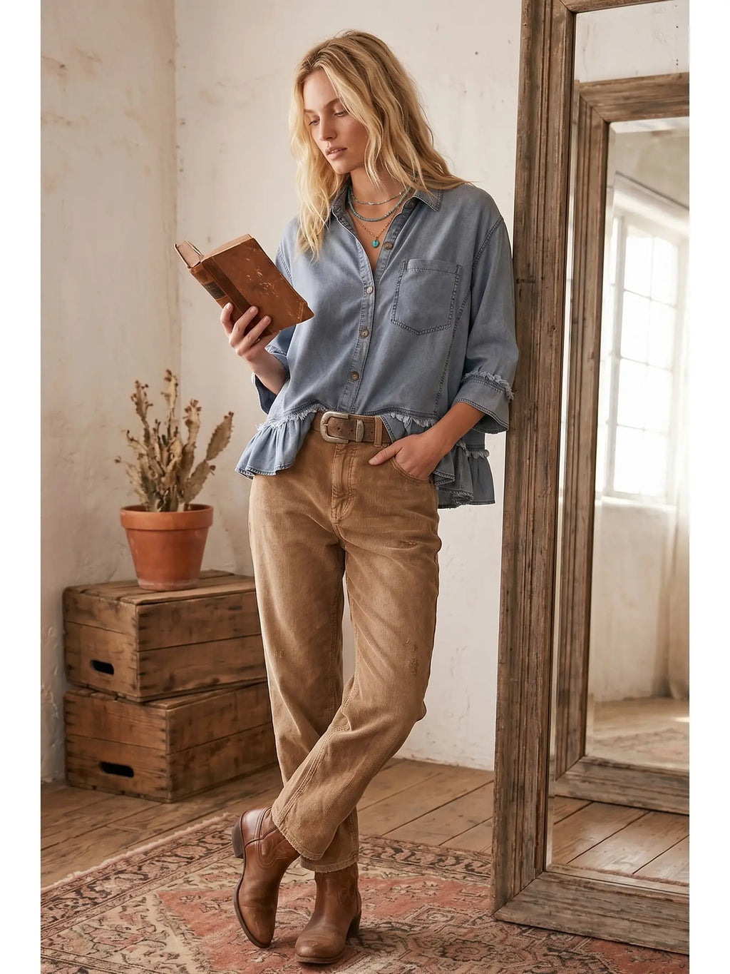 Mineral Washed Tencel Ruffle Hem Shirt
