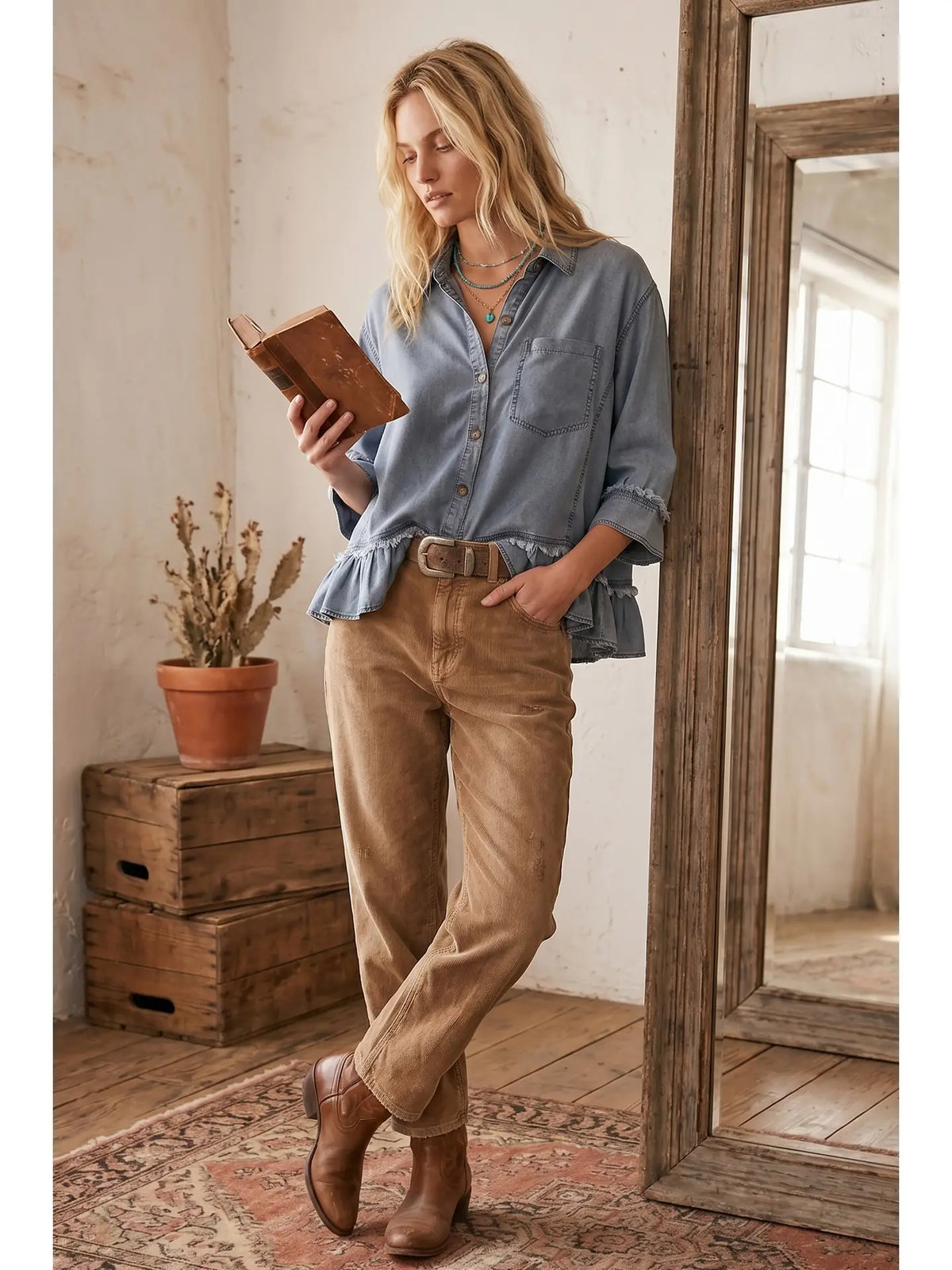 Mineral Washed Tencel Ruffle Hem Shirt