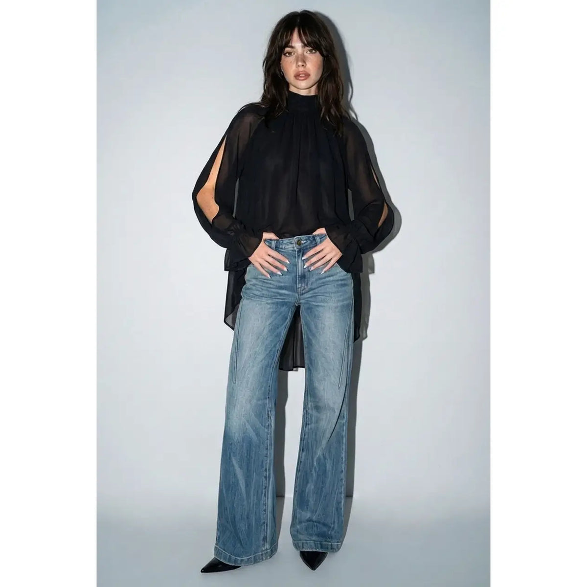 Chiffon Cold-Shoulder High-Low Top