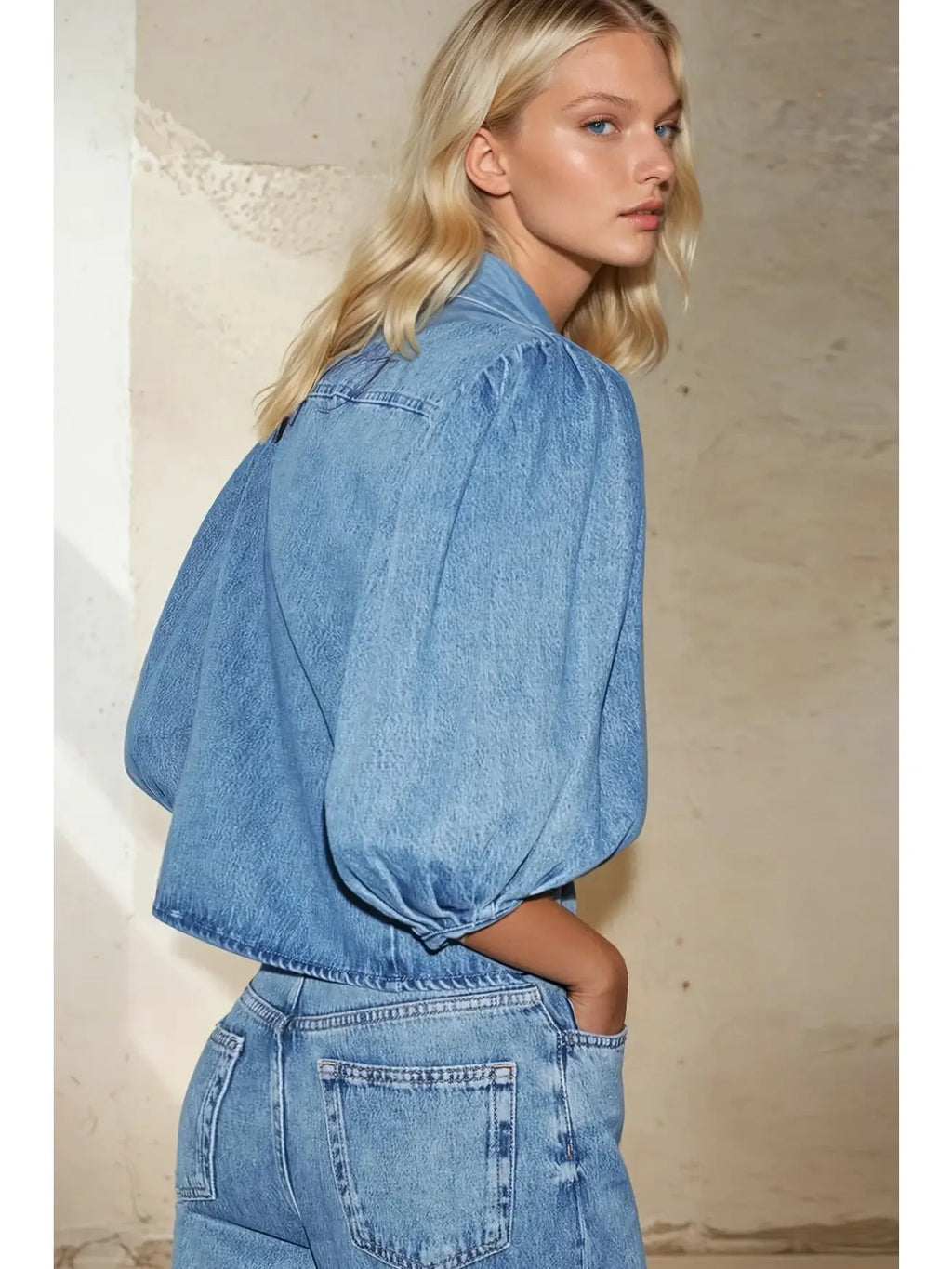 Balloon Sleeved Denim Blouse