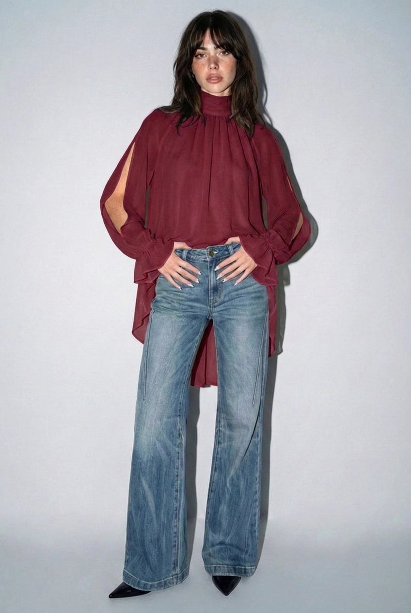 Chiffon Cold-Shoulder High-Low Top