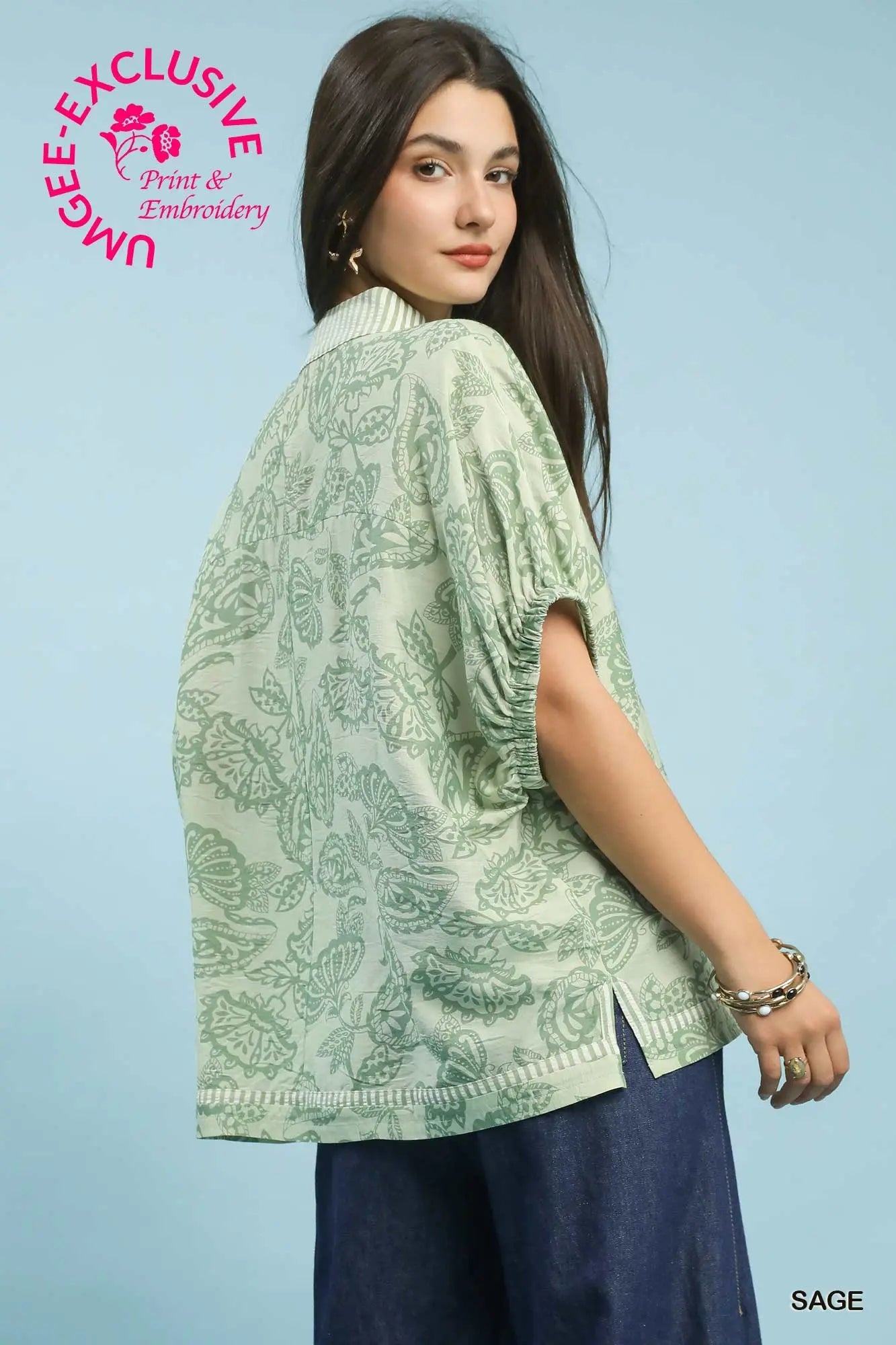 Botanical Print Mixed Trim Tunic Top