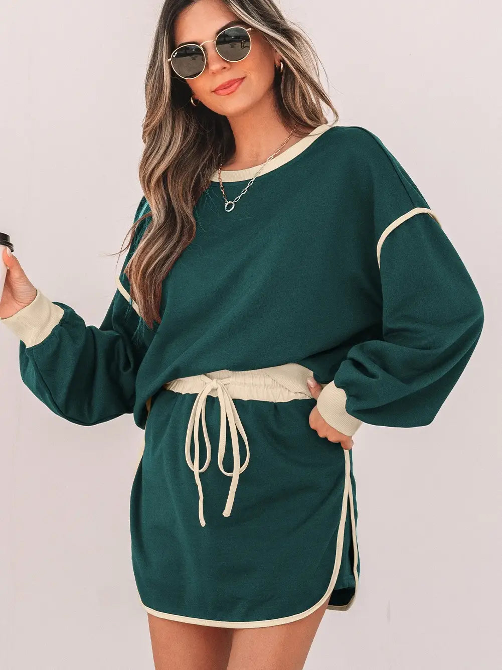 Color Contrast Loose Pullover and Skort Set