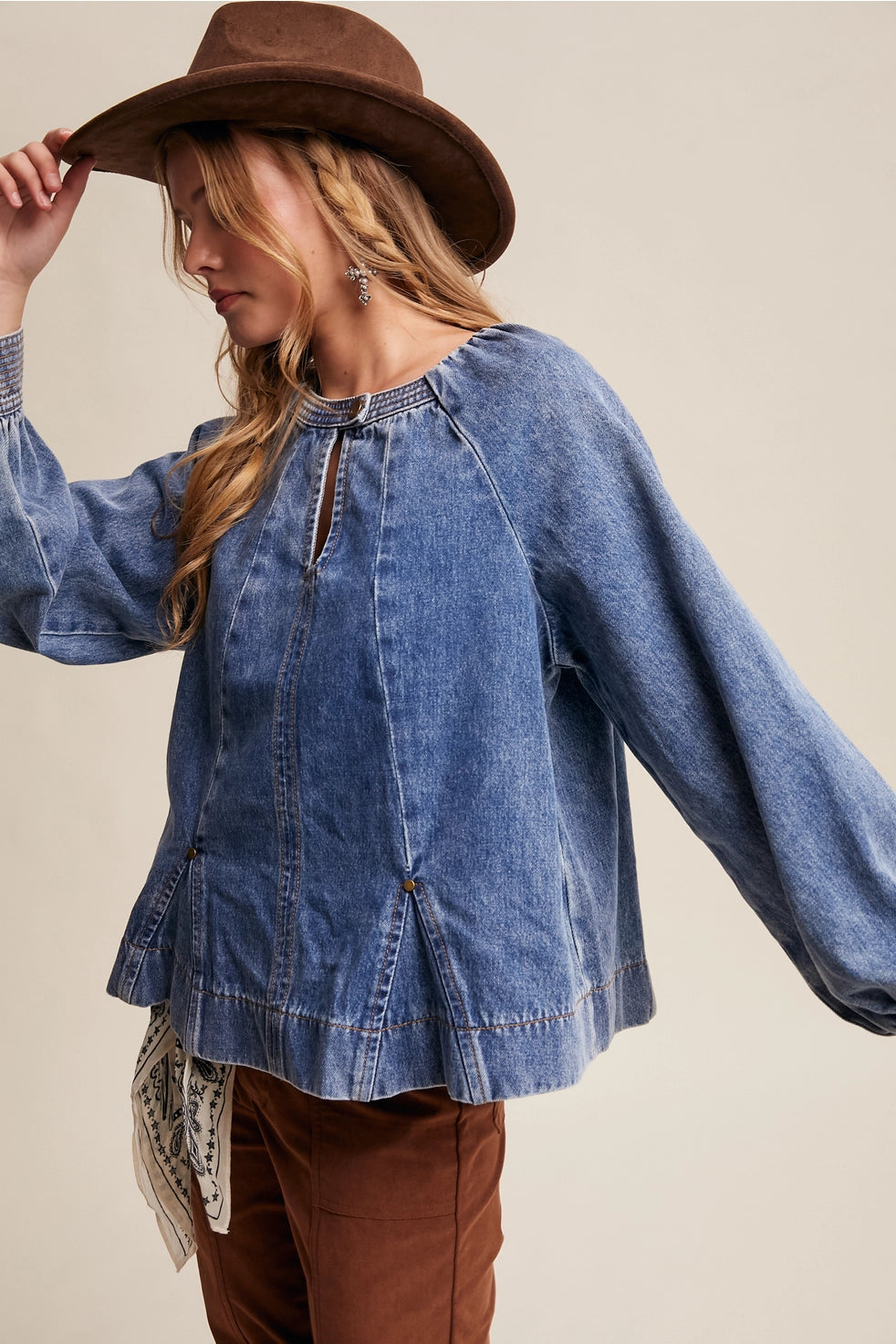 Western Denim Keyhole Blouse
