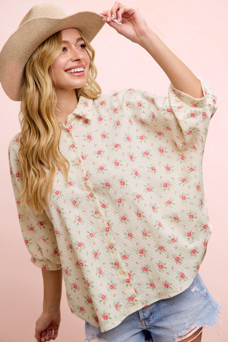 FLOWER PRINTED SHORT DOLMAN BLOUSE