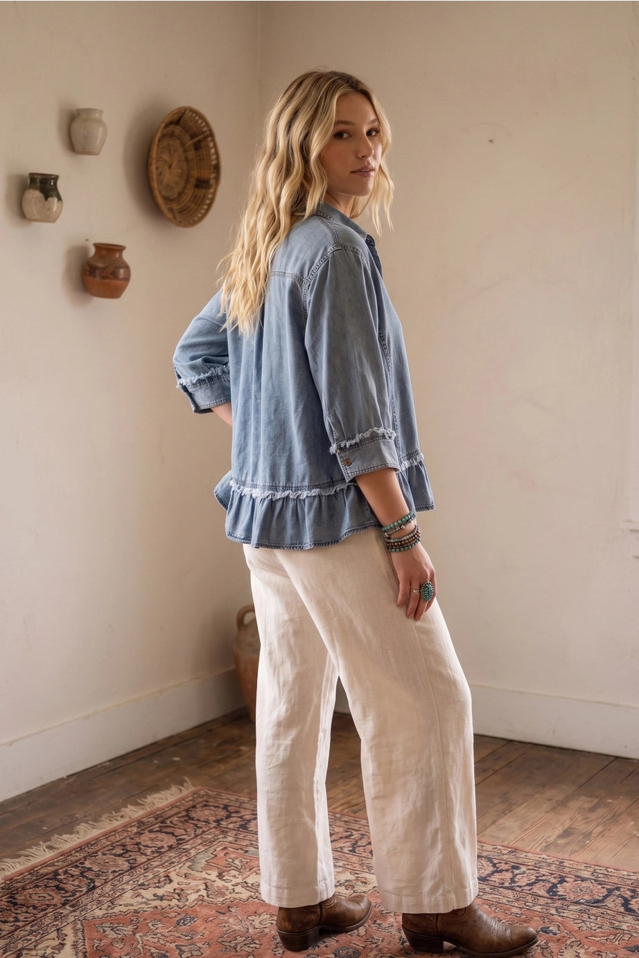 Mineral Washed Tencel Ruffle Hem Shirt