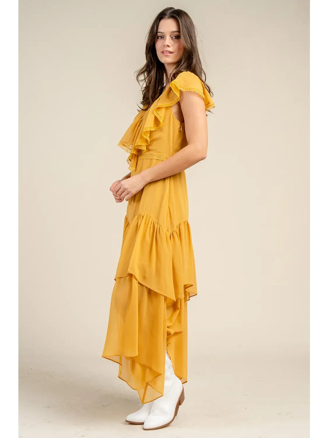 Pearl Chiffon Cascade Neck Ruffle Midi Dress