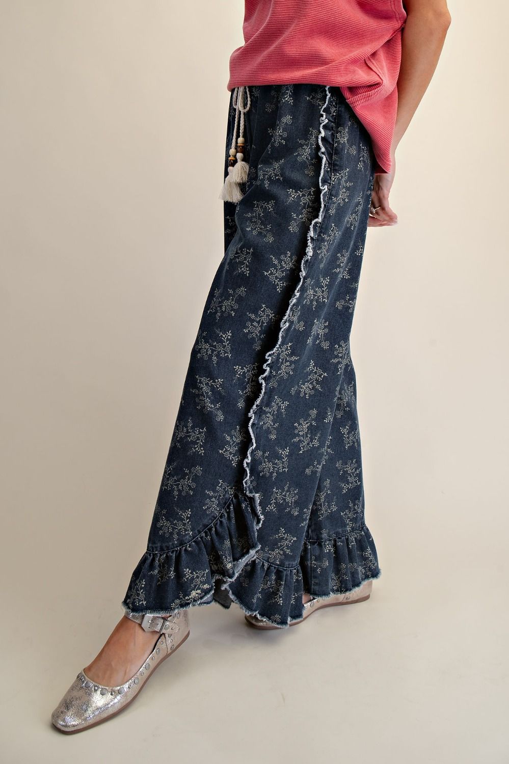 Floral Print Washed Denim Palazzo Pants