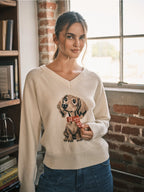 Cozy Dog Graphic V-Neck Sweater Top