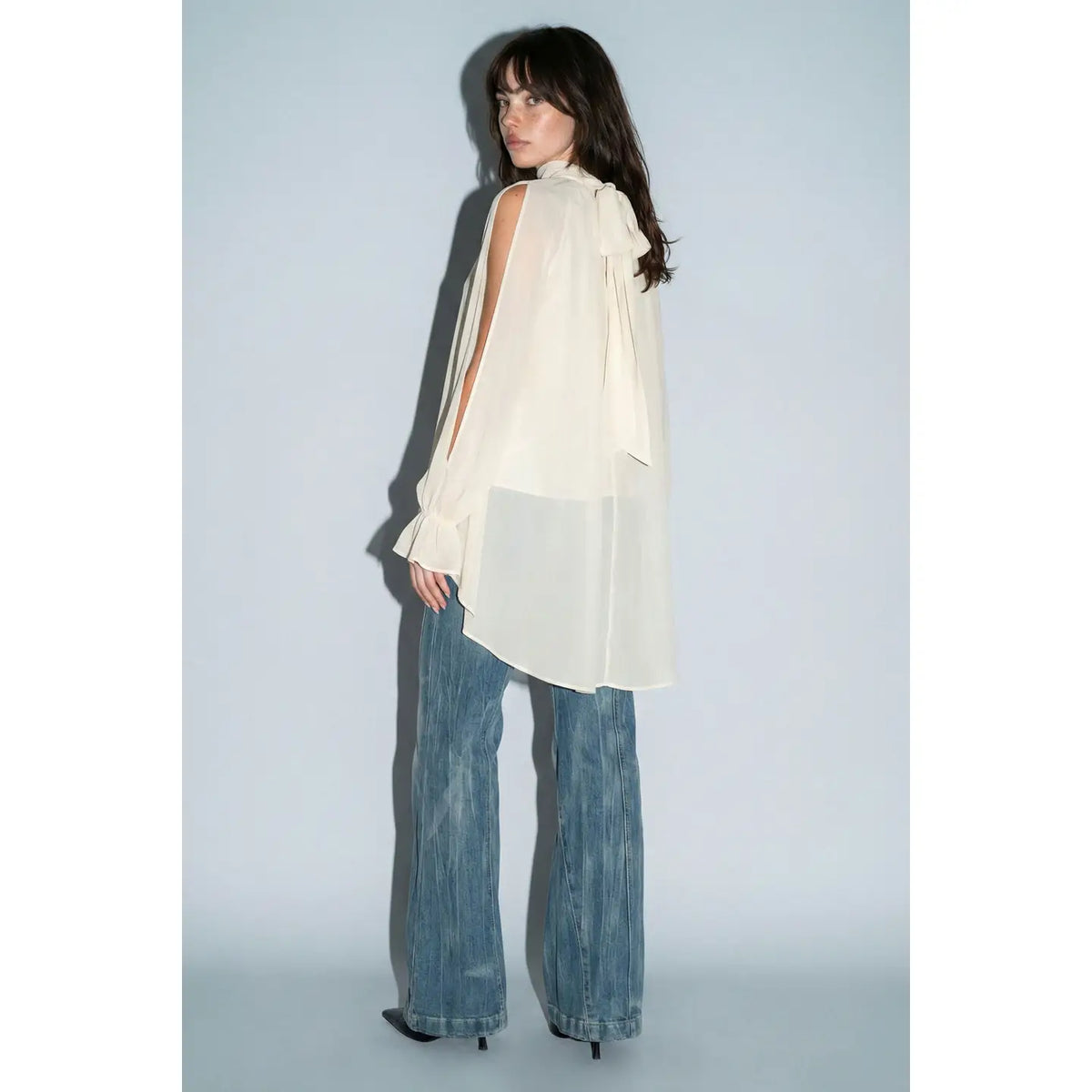 Chiffon Cold-Shoulder High-Low Top