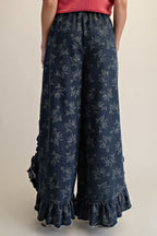 Floral Print Washed Denim Palazzo Pants