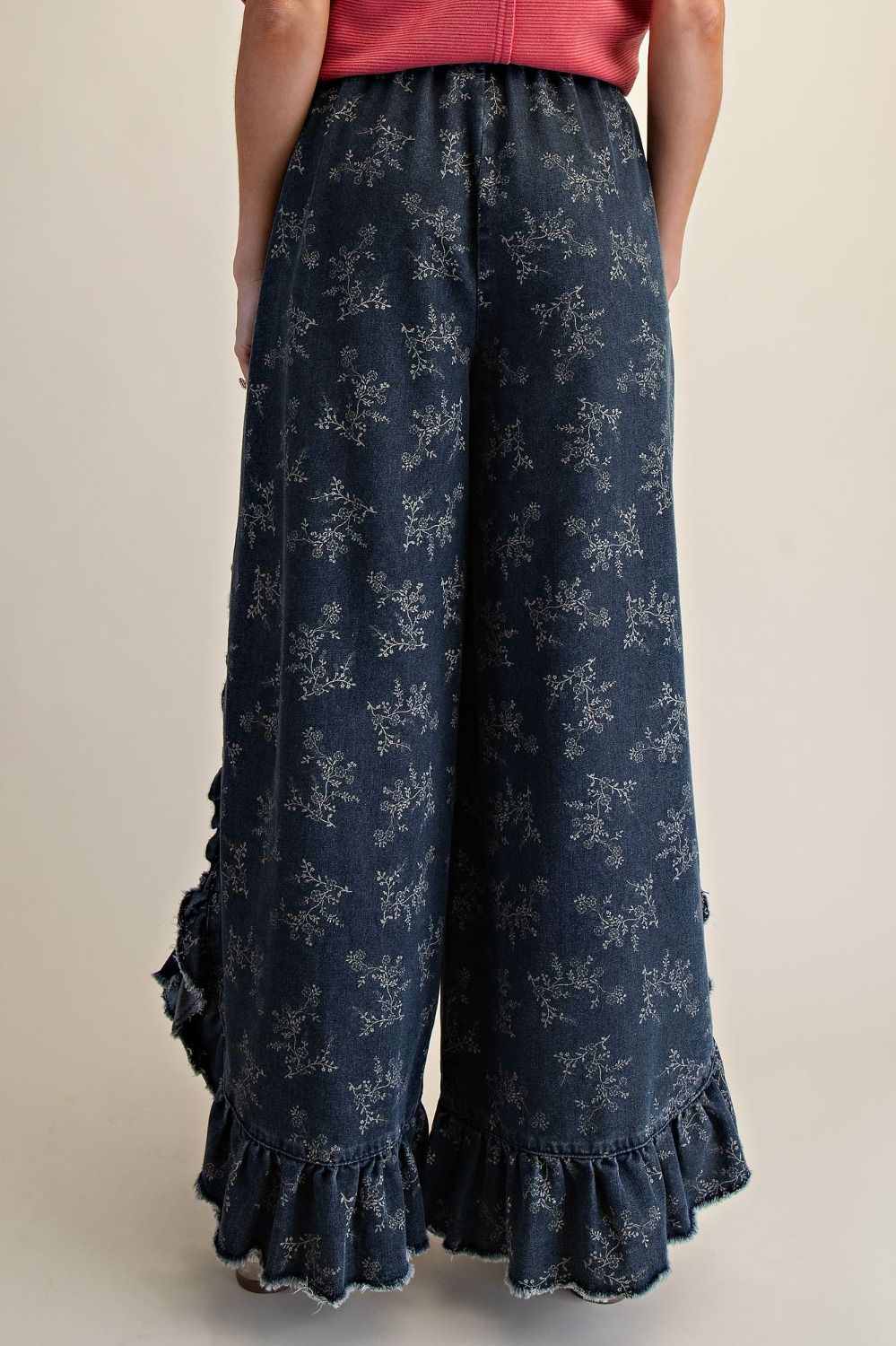 Floral Print Washed Denim Palazzo Pants