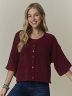 Boxy 3/4 Sleeve Button Front Sweater Top