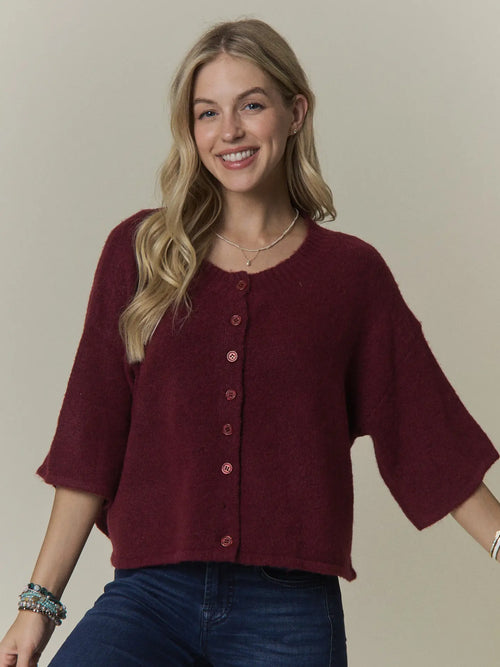 Boxy 3/4 Sleeve Button Front Sweater Top