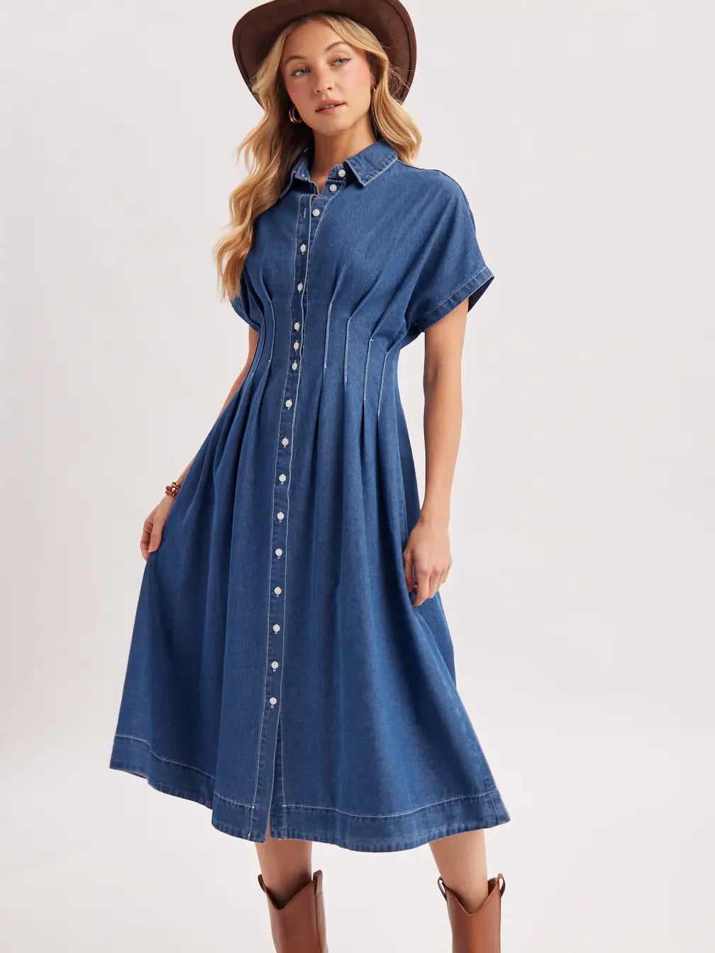 Button Down Pleated Waist Denim Dress