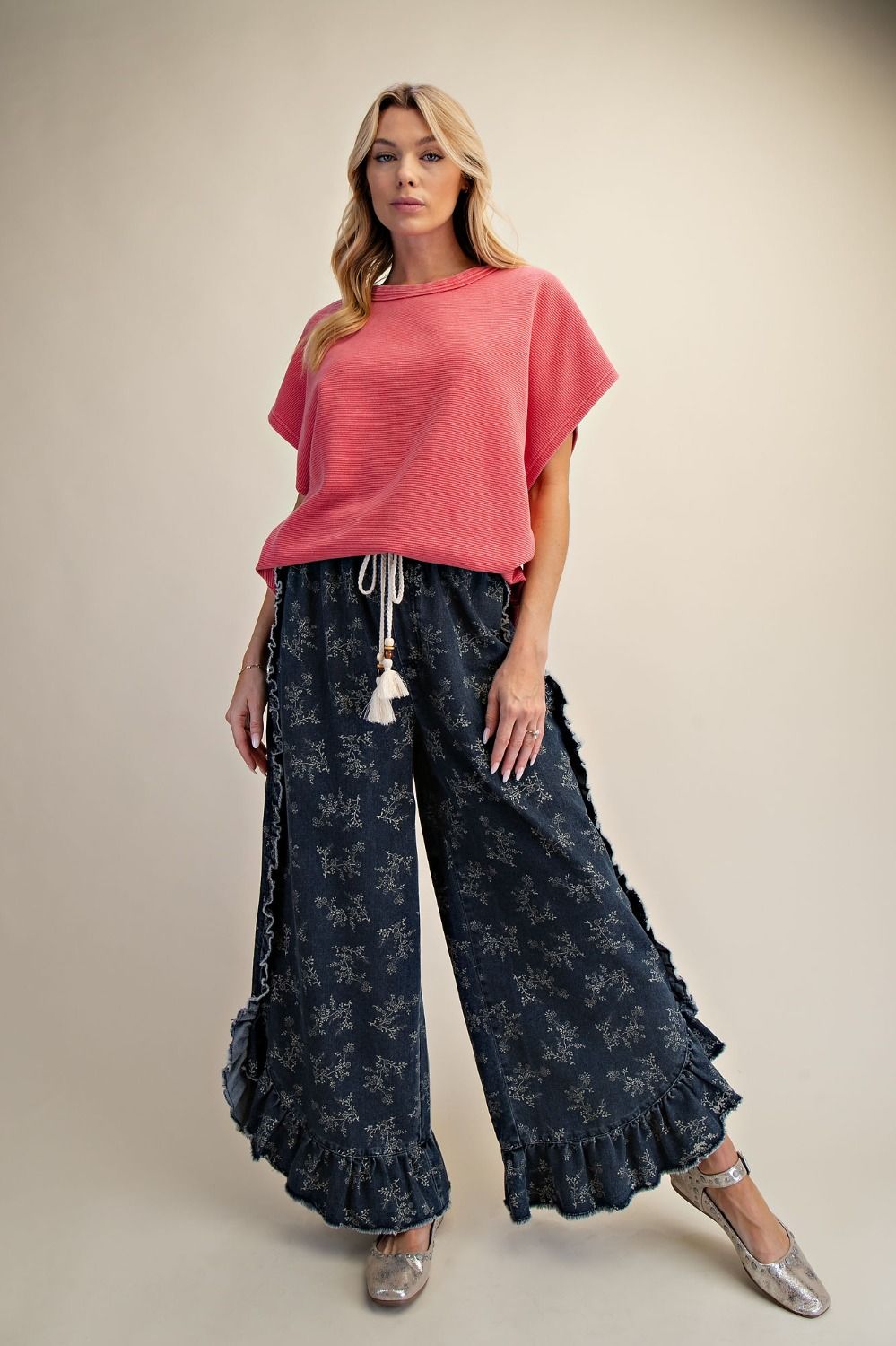 Floral Print Washed Denim Palazzo Pants