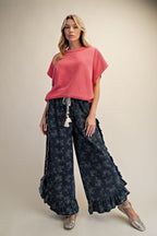 Floral Print Washed Denim Palazzo Pants