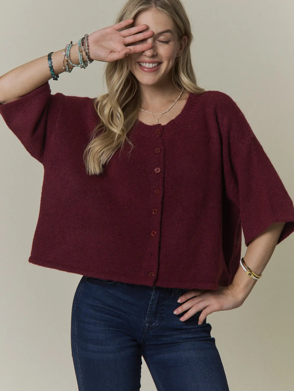 Boxy 3/4 Sleeve Button Front Sweater Top
