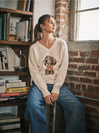 Cozy Dog Graphic V-Neck Sweater Top