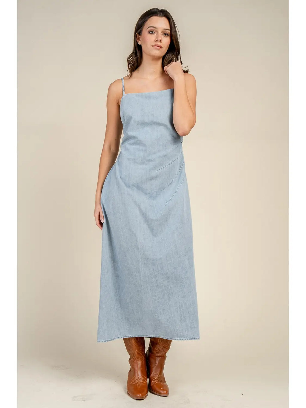 Denim Draped Maxi Denim Dress